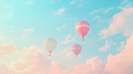 Fototapeta premium Pastel hot air balloons soar above fluffy clouds at sunrise; travel brochure