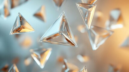 Dynamic, 3D abstract composition featuring floating triangles with sharp, clean edges, set against a dark gradient background.