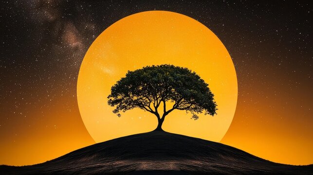A magical night sky with the Milky Way arching over a silhouette of a lone tree on a hill. High Quality