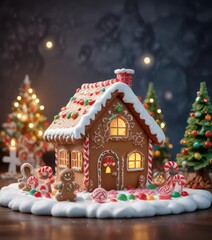 Fototapeta premium Holiday Christmas holidays background with gingerbread house and candy , holly berries, festive treats