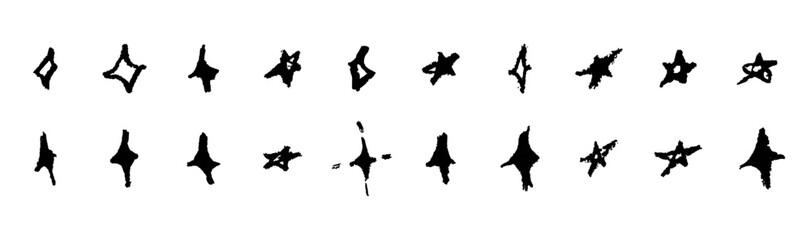 Set of fun like kid drawing black stars. Collection of wax pencil texture geometric elements. Night sky symbols scribble, doodle. Rough crayon or chalk vector illustration. Squiggles in children style