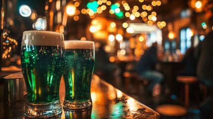 Green beer glasses resting on wooden bar, warm pub lighting highlighting traditional st. Patrick's day celebration mood