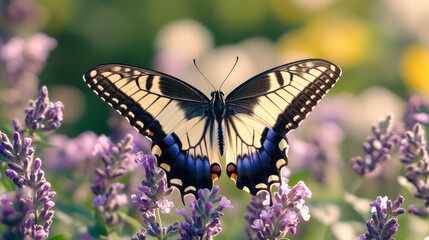 Fototapeta premium Swallowtail butterfly on wild flowers in rays of sunlight.