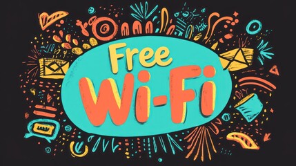 Fototapeta premium Free Wi-Fi sign, colorful doodles, dark background, internet access