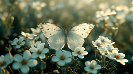 White butterfly on wild flowers in rays of sunlight. Spring summer artistic image of beauty morning nature.