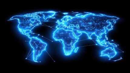 Global network connections glowing map, dark background, digital illustration, website header