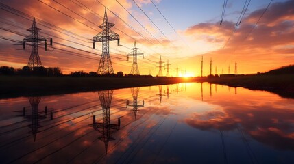Majestic high voltage electricity pylons and power lines dramatically reflected in the still water during a breathtaking sunset