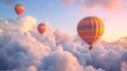 Fototapeta premium Colorful hot air balloons soar above a scenic sunset cloudscape; travel, adventure