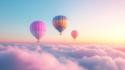 Fototapeta premium Hot air balloons soar above clouds at sunset, travel freedom concept