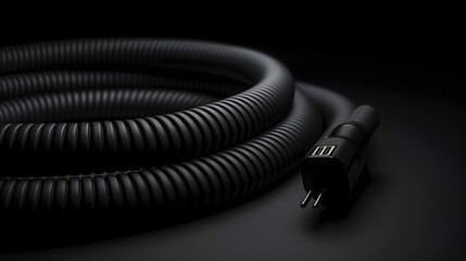 Neatly Coiled Black Power Cable Resting on a Minimalist Clean Background in a 16 9 Aspect The Cable is Looped in a Spiral Pattern Showcasing the Sleek Industrial Design of the Electrical Equipment