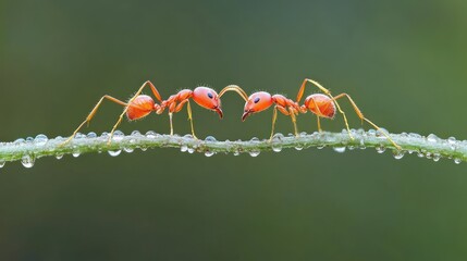 Red ants facing, dew-covered stem, green background, nature macro