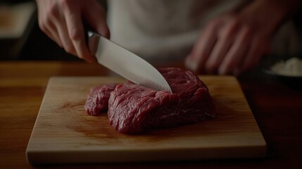 Chef slicing beef steak on wood board, kitchen