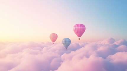 Fototapeta premium Pastel hot air balloons soar above dreamy clouds at sunrise; travel, freedom concept