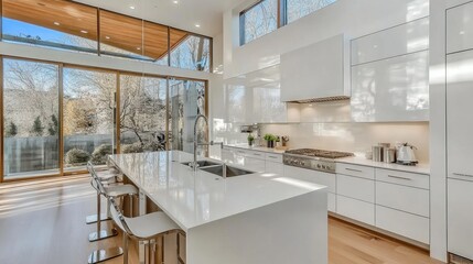 Modern minimalist kitchen with white cabinets, large glass windows and a kitchen island