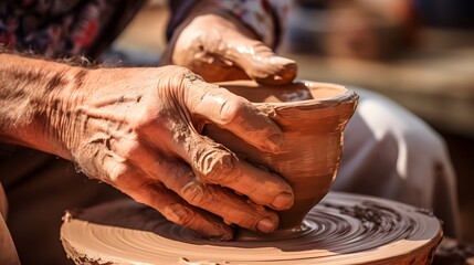 Close up view of a skilled artisan s hands meticulously shaping and molding clay into a beautiful ceramic pottery piece in the tranquil setting of an creative studio workspace