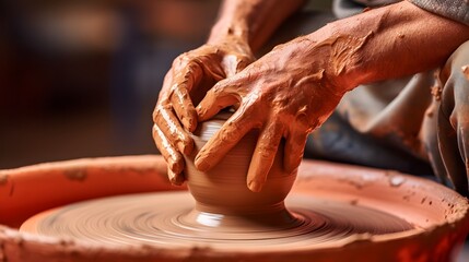 Close up view of skilled hands carefully molding and shaping clay into a beautiful one of a kind ceramic pot or vase in an art studio or workshop setting