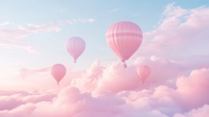Fototapeta premium Pink hot air balloons soar above pastel clouds at sunrise; dreamy travel poster