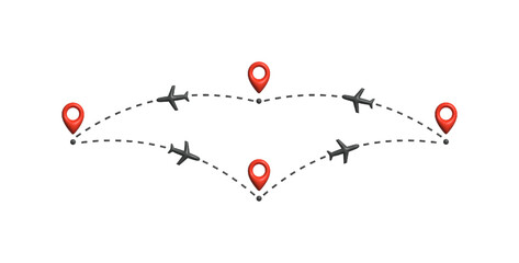Airplanes flying along circular dashed flight path with multiple location markers. Ideal for airlines, logistics, and tourism. Vector illustration.