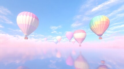 Pastel hot air balloons fly above dreamy cloudscape, reflecting on calm water; travel poster