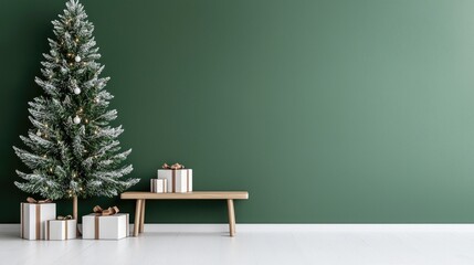 Festive Christmas tree and gifts against a green wall, minimalist interior design, holiday season