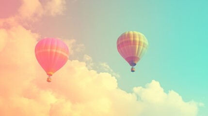 Fototapeta premium Pastel hot air balloons soar above scenic sunset cloudscape