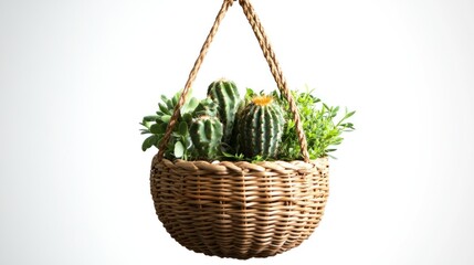 Hanging wicker planter with succulents and cacti, indoor gardening,  white background, home decor