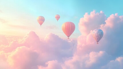 Obraz premium Hot air balloons soaring above pastel sunrise cloudscape