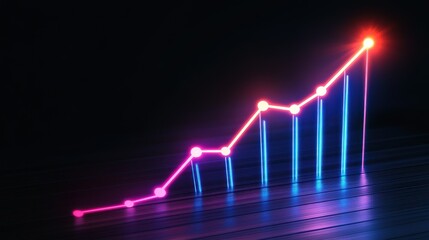 Fototapeta premium Neon growth chart rising on dark floor, success concept