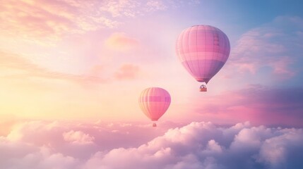 Fototapeta premium Pink hot air balloons soar above pastel sunset cloudscape