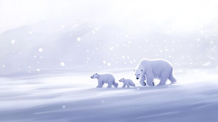 Polar bear family walking snowy Arctic landscape, blizzard background; wildlife conservation