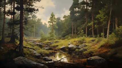 A captivating half finished oil painting showcases the beauty of a lush verdant forest landscape on a canvas  The textured brushstrokes and earthy tones create a serene and atmospheric visual