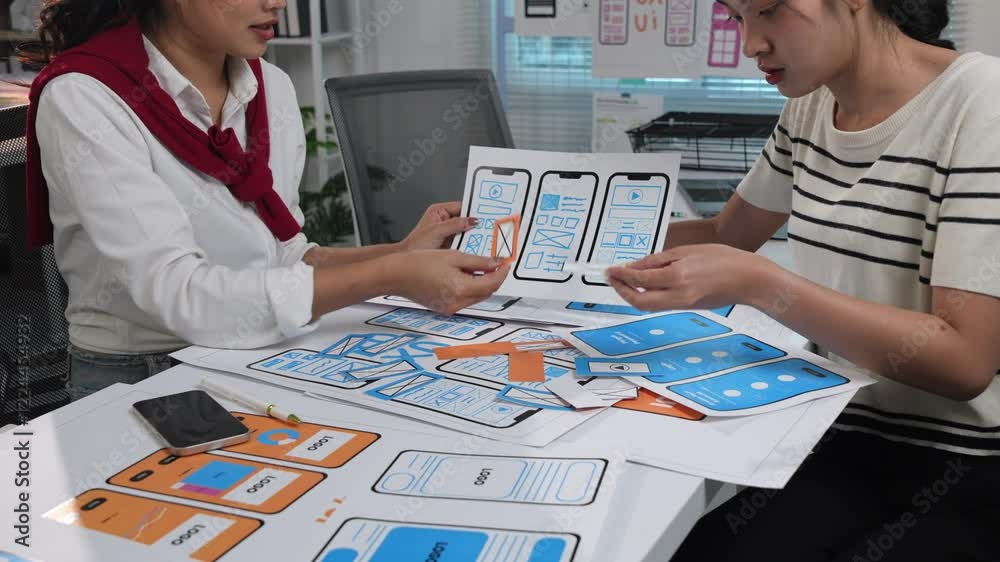 Wall mural two young female ui/ux designers are discussing, arranging, and improving the user interface and use