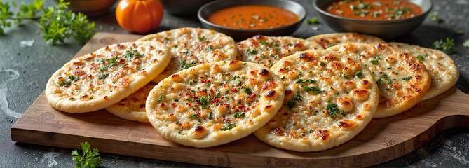Artful display of assorted flatbreads with herbs and spices, culinary delight