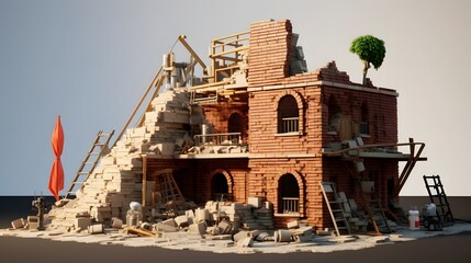 Fototapeta premium Unfinished building with bricks construction tools and industrial architecture in progress on a construction site Blueprint design sketch draft or layout for a new development or renovation project
