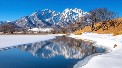 A scenic view of a snow-covered mountain range under a clear blue sky, with a frozen lake in the foreground. High Quality