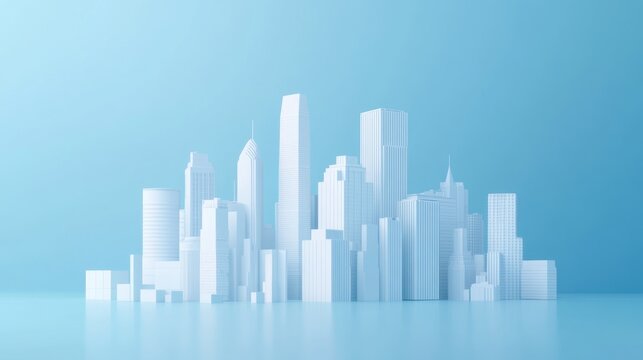 A minimalist city skyline rendered in shades of white against a light blue background.