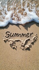 Fototapeta premium In the soft golden sand, the word summer is carefully etched, embraced by the gentle lapping of ocean waves. This coastal moment captures blissful relaxation and joy by the sea in bright sunlight