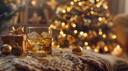 Inviting whiskey cocktail with ice in a cozy bar setting  a close up of warm ambiance and beverage