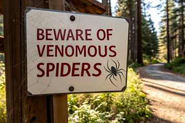 A warning sign about venomous spiders on a forest path, surrounded by tall trees and natural greenery.