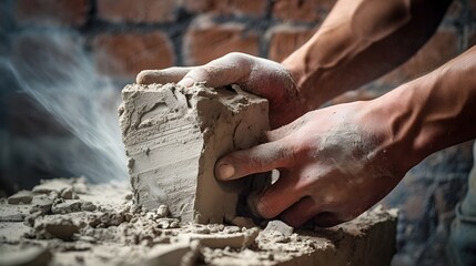 Close up view of a skilled bricklayer s hands holding a trowel and applying mortar to a construction site showcasing the craftsmanship and manual labor involved in building and renovating structures