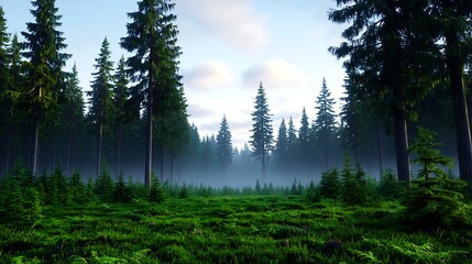 Misty Morning in a Lush Pine Forest