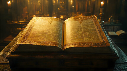 Ancient book open on stand, candlelit church background, religious context, history illustration
