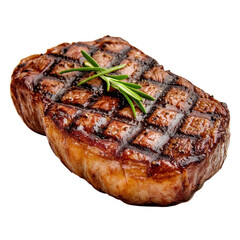 Juicy steak with grill marks and fresh herbs garnish
