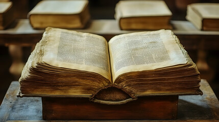 Obraz premium Ancient book open on stand, library background, knowledge, history