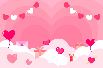 Valentine background. Romantic design with heart balloons, gift boxes, and clouds. Heart garland in a dreamy sky. Design for Poster, Banner, Post, Flyer, Greeting, Card, Cover. Valentine's day design.