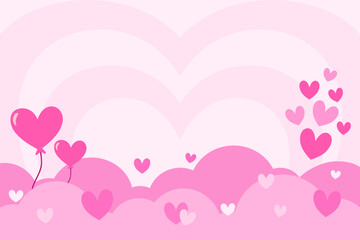 Happy valentines day background. Pink heart-shaped balloons and floating hearts drift among fluffy pink clouds against a pastel background. Template for Poster, Banner, Post, Greeting, Card, Cover.