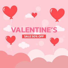 Valentine background. Red heart-shaped balloons float in a pink sky with clouds. Designed for Valentine’s Day promotions. Design for Poster, Banner, Post, Greeting, Card. Valentine's day design.