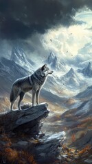 Fototapeta premium Majestic Wolf Surveys a Mountainous Winter Landscape