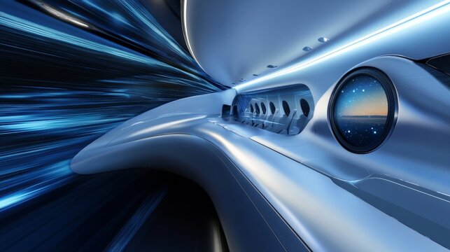 Futuristic airplane cabin  immersive osl lighting enhances comfort and aesthetics for passengers
