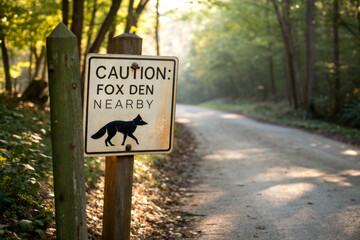 A caution sign warns of a fox den nearby, set along a tranquil, wooded road illuminated by soft morning light.